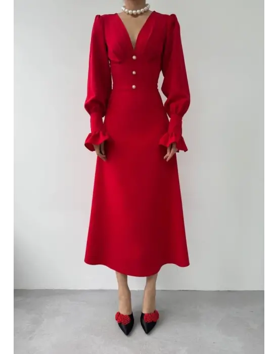 Omarı Zarif Düğme Detaylı Elbise