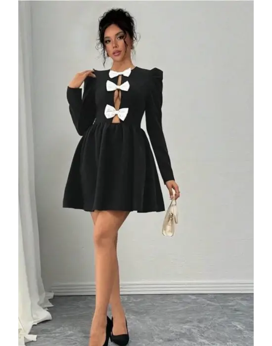 Omarı Zarif Fiyonk Detaylı Uzun Kollu Mini Boy Elbise