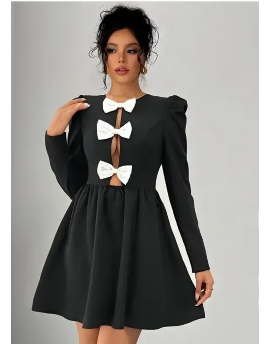 Omarı Zarif Fiyonk Detaylı Uzun Kollu Mini Boy Elbise