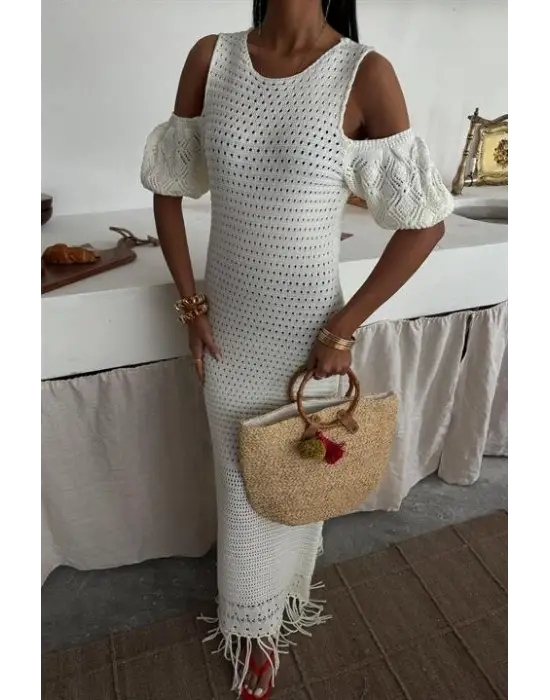 Omuz Detaylı Etek Ücü Püsküllü Triko Elbise 2862