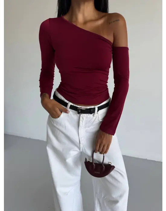 Omuz detaylı kollu bluz bordo f2336