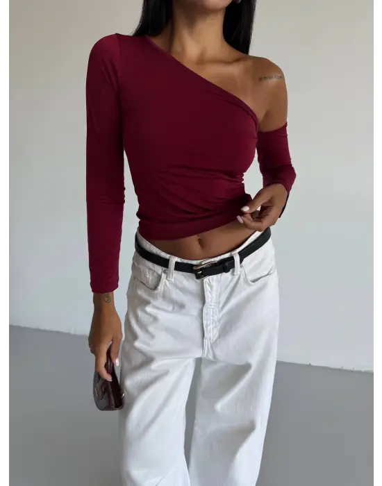 Omuz detaylı kollu bluz bordo f2336