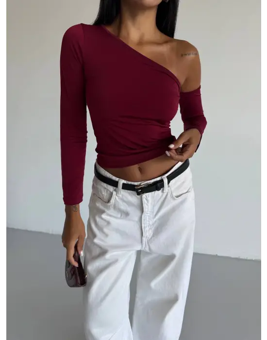 Omuz detaylı kollu bluz bordo f2336