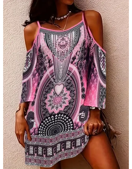 Omarı Etekli Omuzlardan Açık Desenli Kısa Elbise