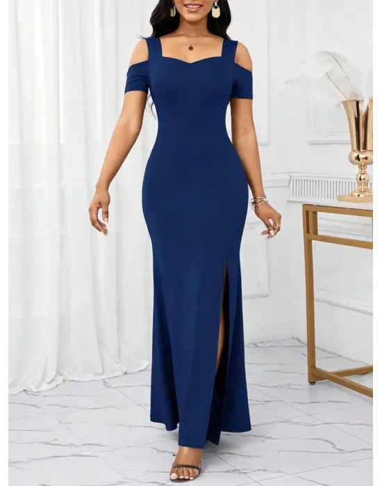 Omarı Omuzdan Açık Askılı Yırtmaç Detaylı Uzun Elbise