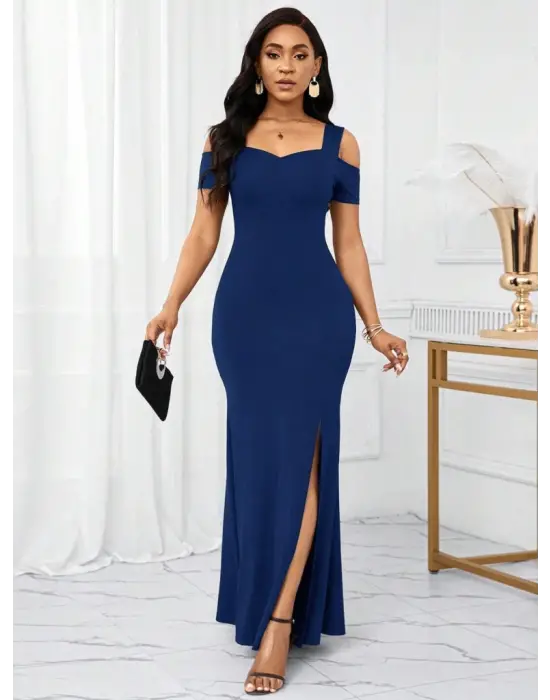 Omarı Omuzdan Açık Askılı Yırtmaç Detaylı Uzun Elbise