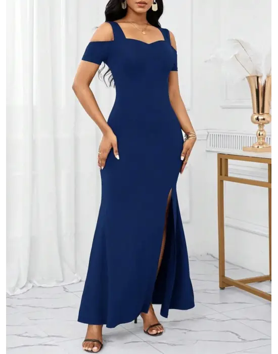 Omarı Omuzdan Açık Askılı Yırtmaç Detaylı Uzun Elbise