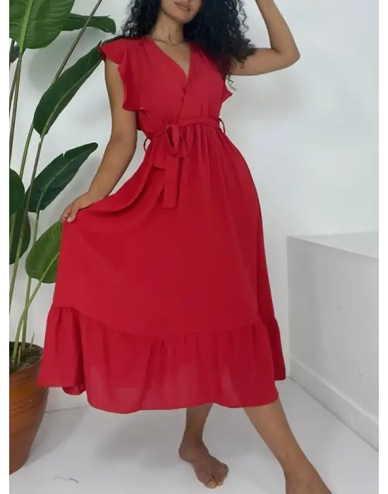Omuzları Fırfırlı Sıfır Kol Beli Lastikli Bağcıklı Ayrobin Elbise -Kırmızı