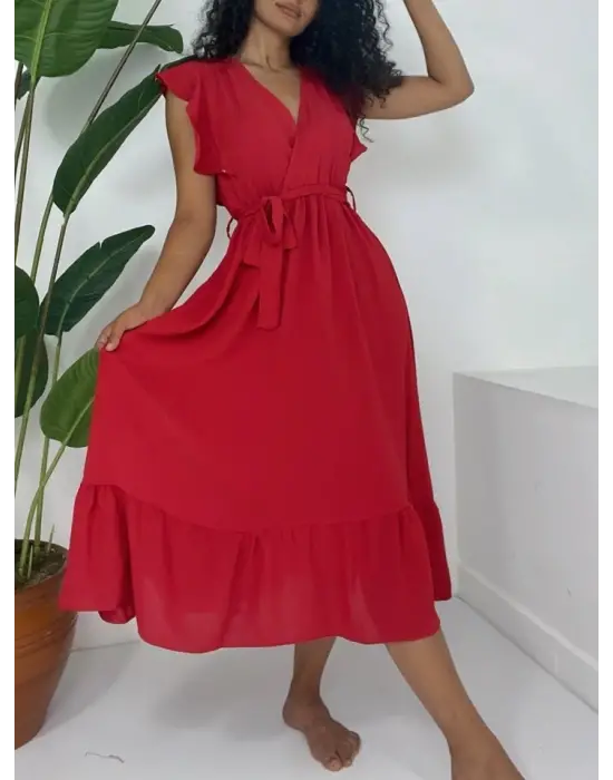 Omarı Fırfır Detaylı Kırmızı Elbise