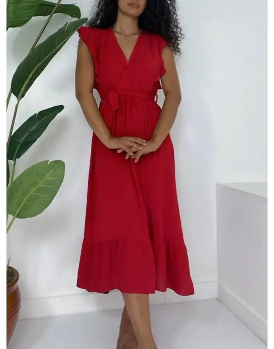 Omarı Fırfır Detaylı Kırmızı Elbise