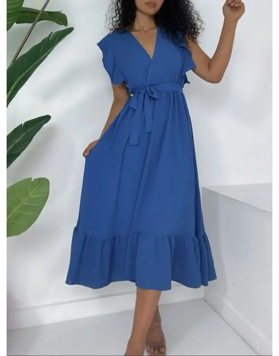 Omuzları Fırfırlı Sıfır Kol Beli Lastikli Bağcıklı Ayrobin Elbise -Koyu Mavi