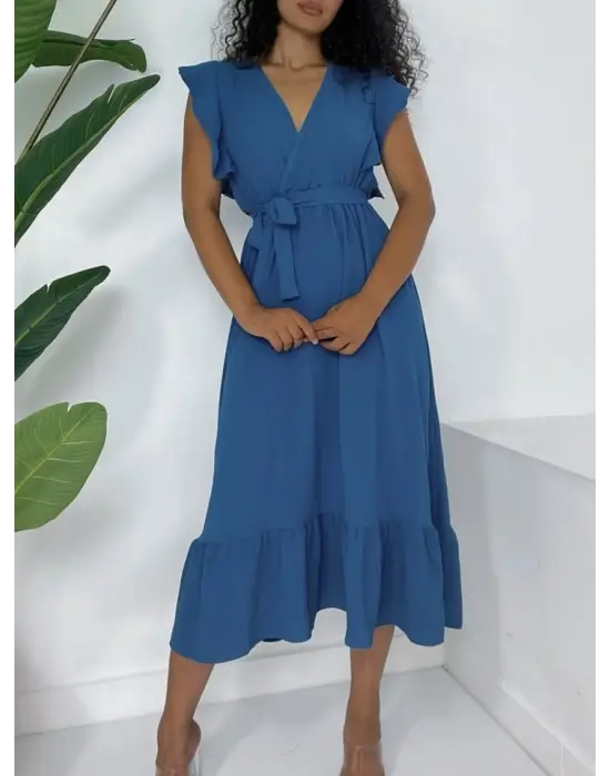 Omuzları Fırfırlı Sıfır Kol Beli Lastikli Bağcıklı Ayrobin Elbise -Koyu Mavi