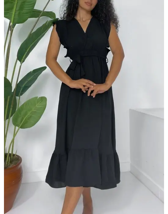 Omarı Fırfırlı Beli Lastikli Bağcıklı Elbise - Siyah
