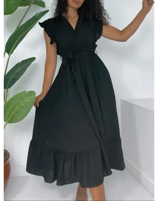 Omuzları Fırfırlı Sıfır Kol Beli Lastikli Bağcıklı Ayrobin Elbise -Siyah