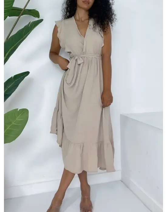 Omuzları Fırfırlı Sıfır Kol Beli Lastikli Bağcıklı Ayrobin Elbise -Vizon