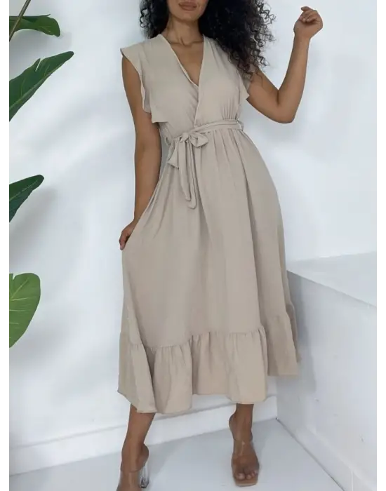 Vizon Renk Fırfırlı Sıfır Kol Elbise