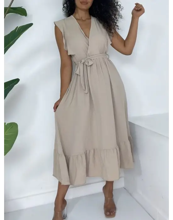 Omarı Fırfırlı Bağcıklı Vizon Elbise