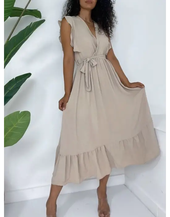 Omarı Fırfırlı Bağcıklı Vizon Elbise