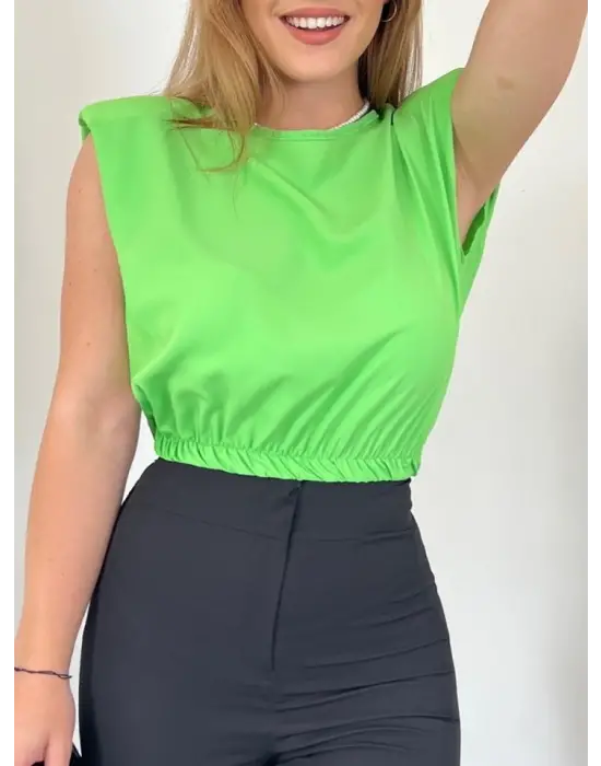 Omuzları Vatkalı Beli Lastikli  Bluz -A.Yeşil