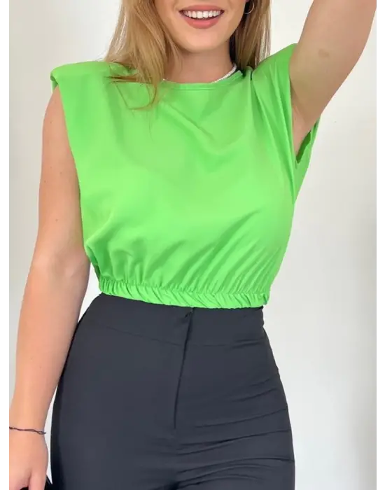 Omarı Omuzları Vatkalı Beli Lastikli Bluz -A.Yeşil trendy şıklık