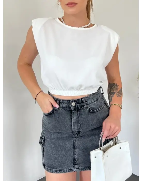 Omuzları Vatkalı Beli Lastikli  Bluz -Beyaz