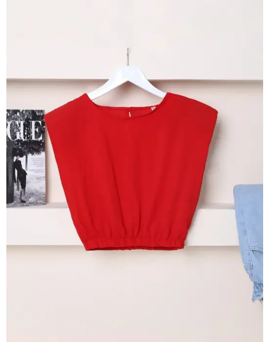 Omuzları Vatkalı Beli Lastikli  Bluz -Kırmızı