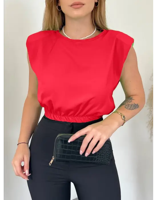 Omuzları Vatkalı Beli Lastikli  Bluz -Kırmızı