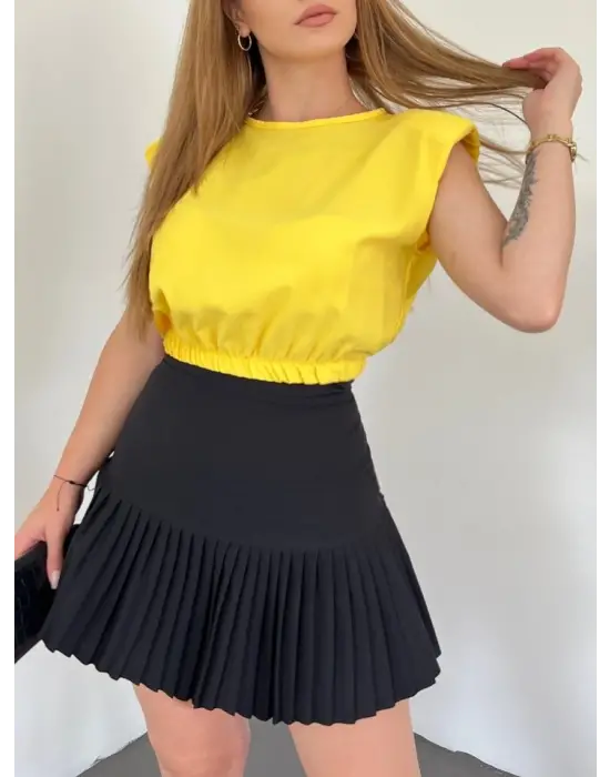 Omuzları Vatkalı Beli Lastikli  Bluz -Sarı