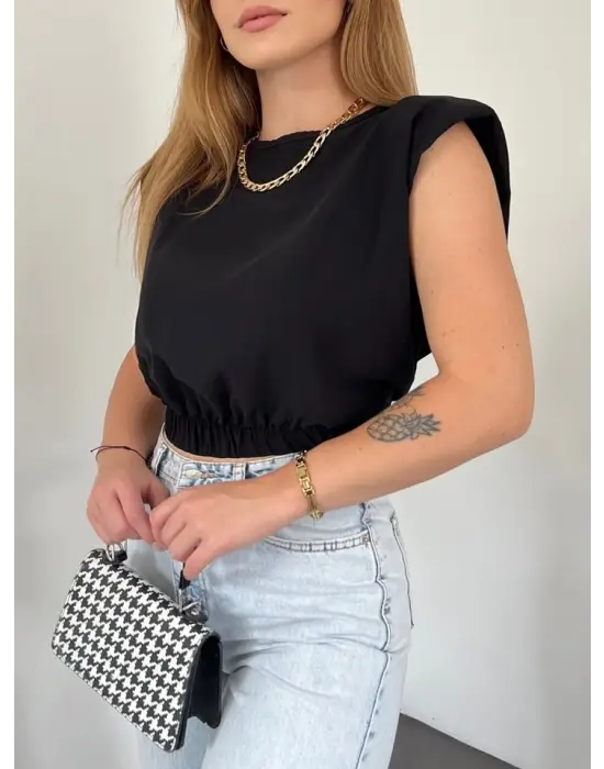 Omuzları Vatkalı Beli Lastikli  Bluz -Siyah