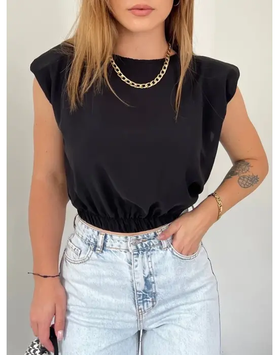 Omarı Siyah Omuzları Vatkalı Bluz