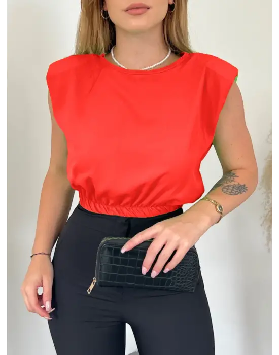 Omarı Kadın Omuzları Vatkalı Beli Lastikli Turuncu Bluz