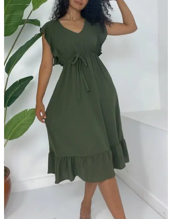 Omarı Fırfırlı Beli Lastikli Midi Elbise - Haki