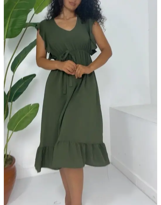 Omarı Fırfırlı Beli Lastikli Midi Elbise - Haki