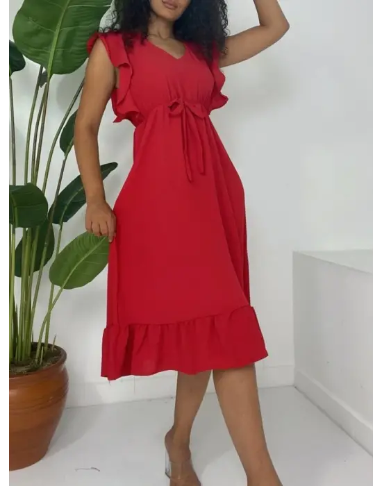 Omarı Fırfırlı Beli Lastikli Midi Kol Elbise - Kırmızı