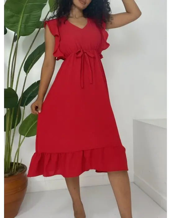 Omuzu Fırfırlı Beli Lastikli Sıfır Kol Midi Boy Ayrobin Elbise  -Kırmızı