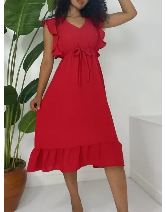 Omarı Fırfırlı Beli Lastikli Midi Kol Elbise - Kırmızı