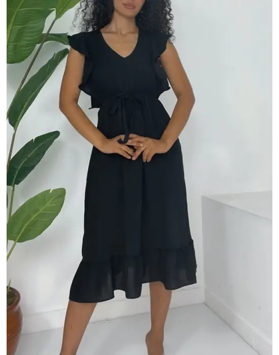 Omarı Siyah Midi Boy Fırfırlı Elbise