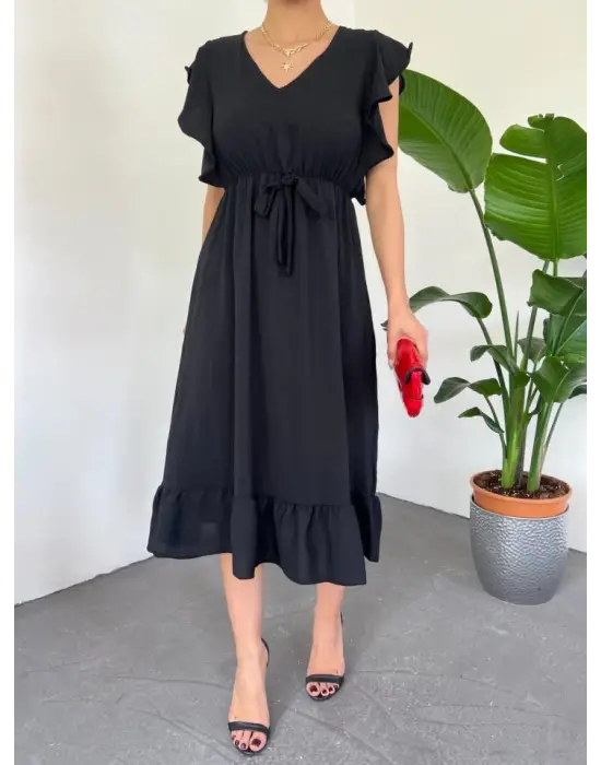 Omuzu Fırfırlı Beli Lastikli Sıfır Kol Midi Boy Ayrobin Elbise -Siyah