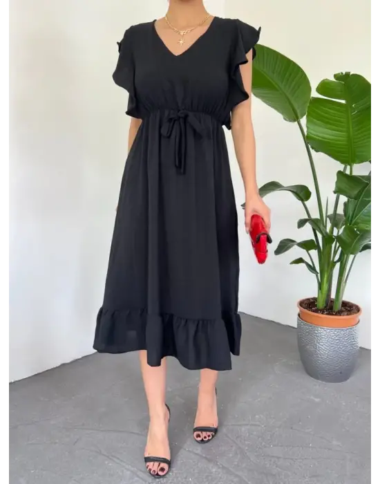 Omarı Siyah Midi Boy Fırfırlı Elbise