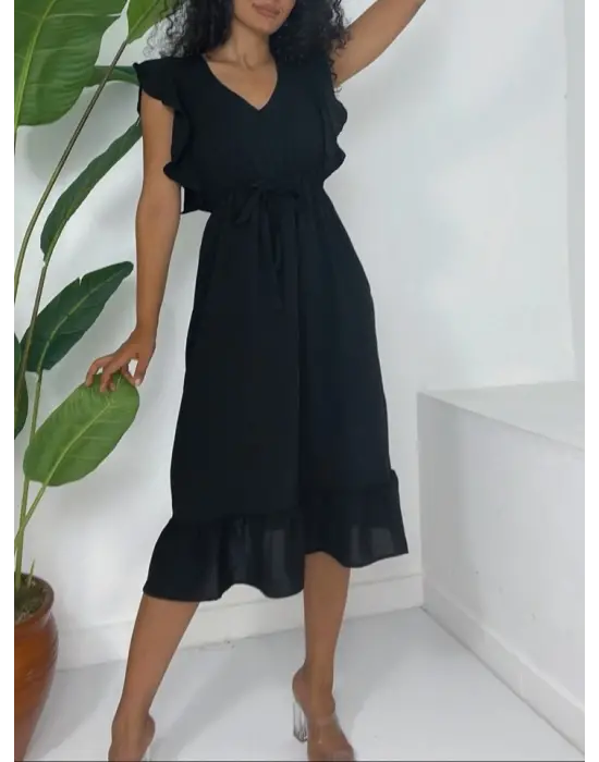 Omuzu Fırfırlı Beli Lastikli Sıfır Kol Midi Boy Ayrobin Elbise -Siyah