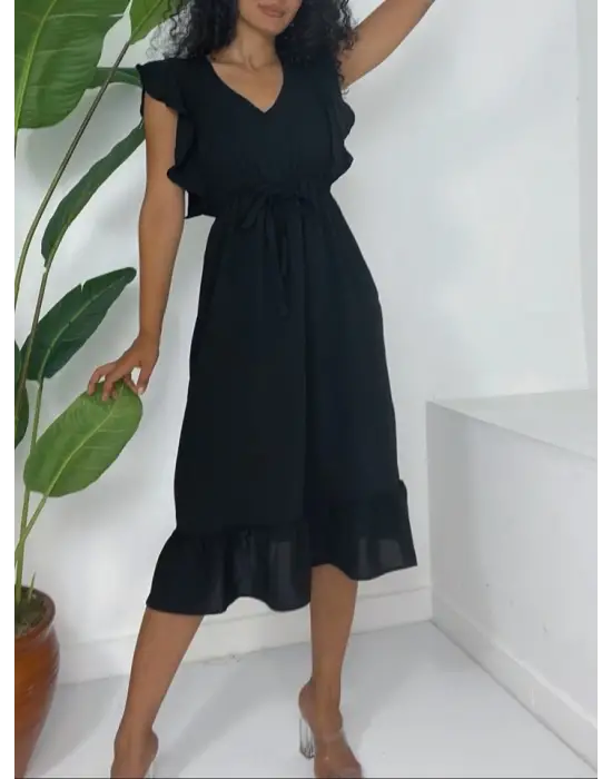 Omarı Siyah Midi Boy Fırfırlı Elbise
