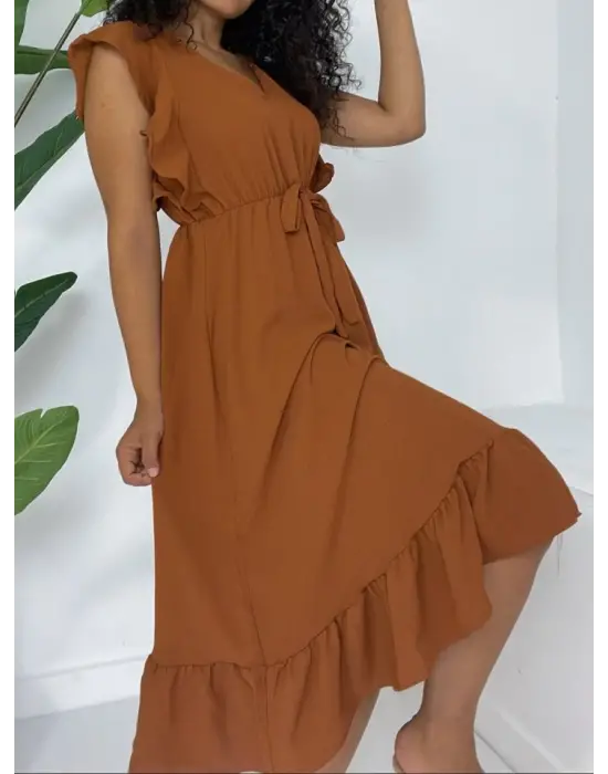 Omarı Fırfırlı Beli Lastikli Midi Boy Elbise - Taba Renkli