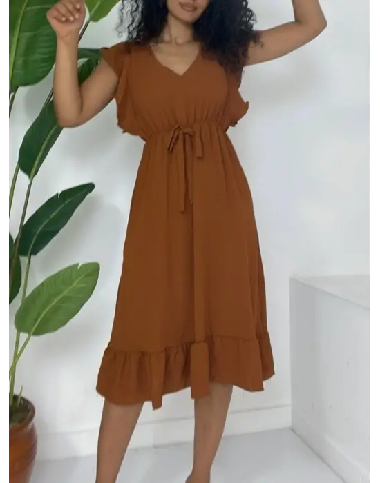 Omuzu Fırfırlı Beli Lastikli Sıfır Kol Midi Boy Ayrobin Elbise  -Taba