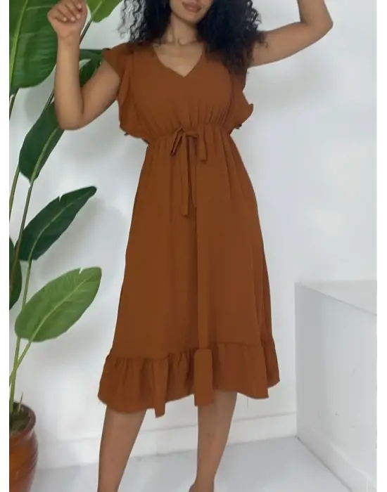 Omarı Fırfırlı Beli Lastikli Midi Boy Elbise - Taba Renkli