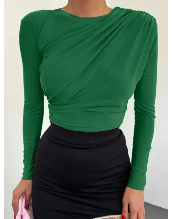Omarı Omuzu Pileli ve Yanı Büzgülü Orman Yeşili Bluz