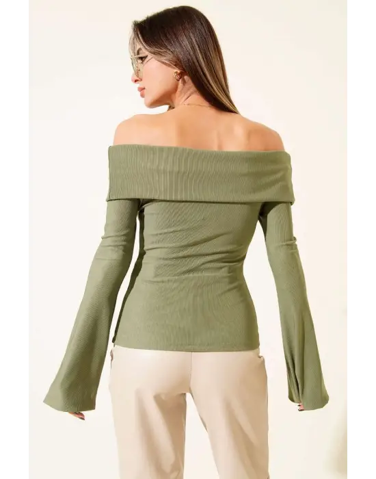 Omzu Açık Fermuarlı Bluz haki T4330