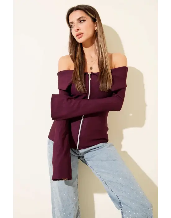 Omzu Açık Fermuarlı Bluz Mürdüm T4330