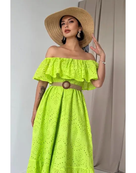 Omarı Omzu Lastikli Yeşil Brode Elbise