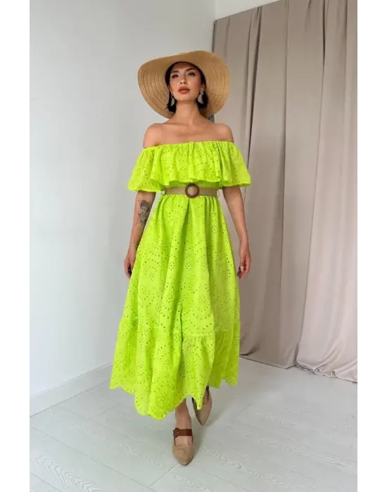 Omarı Omzu Lastikli Yeşil Brode Elbise