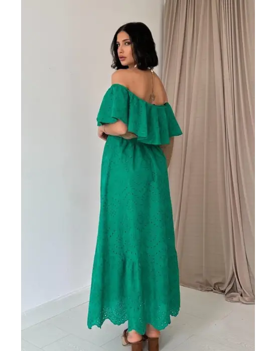 Omarı Yeşil Omzu Lastikli Brode Elbise